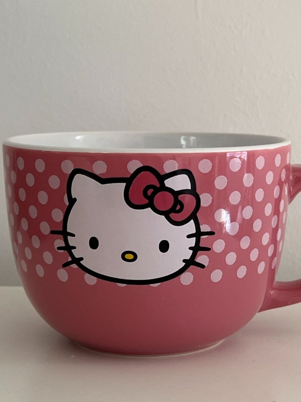 Sanrio Hello Kitty Pink White Polka Dots Large 24oz Ceramic Coffee/Soup Mug, NEW